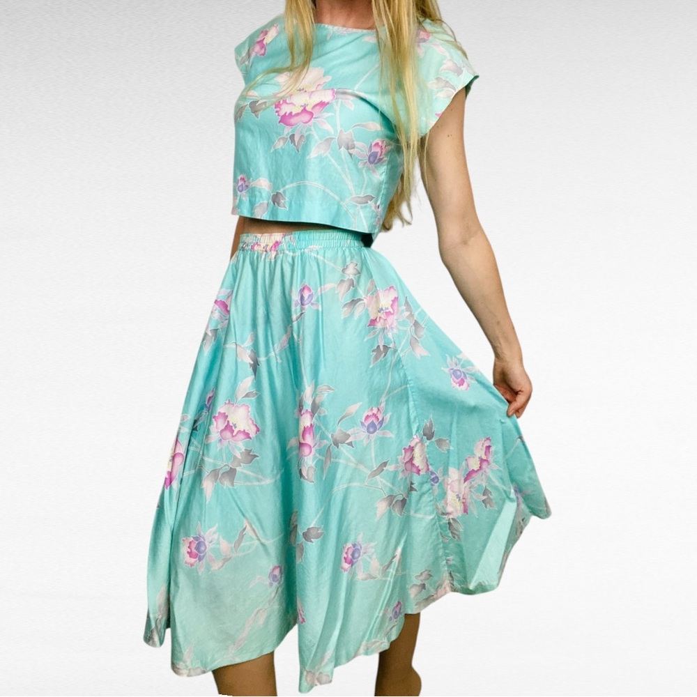 VINTAGE | Sun Fashions Honolulu Hawaii Floral Two-Piece Set in Aqua & Pink